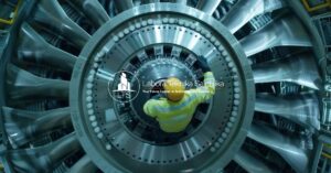 seorang teknisi sedang naik ke atas turbin untuk melakukan pemeriksaan turbin