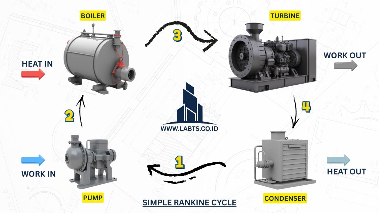 Diagram skematik sederhana dengan komponen untuk Siklus Rankine